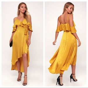 Lulus Layla Yellow Satin Off-the-Shoulder Dress